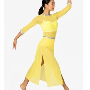 Double Platinum Yellow Lyrical Jazz Contemporary Dance Costume Leo with Skirt
